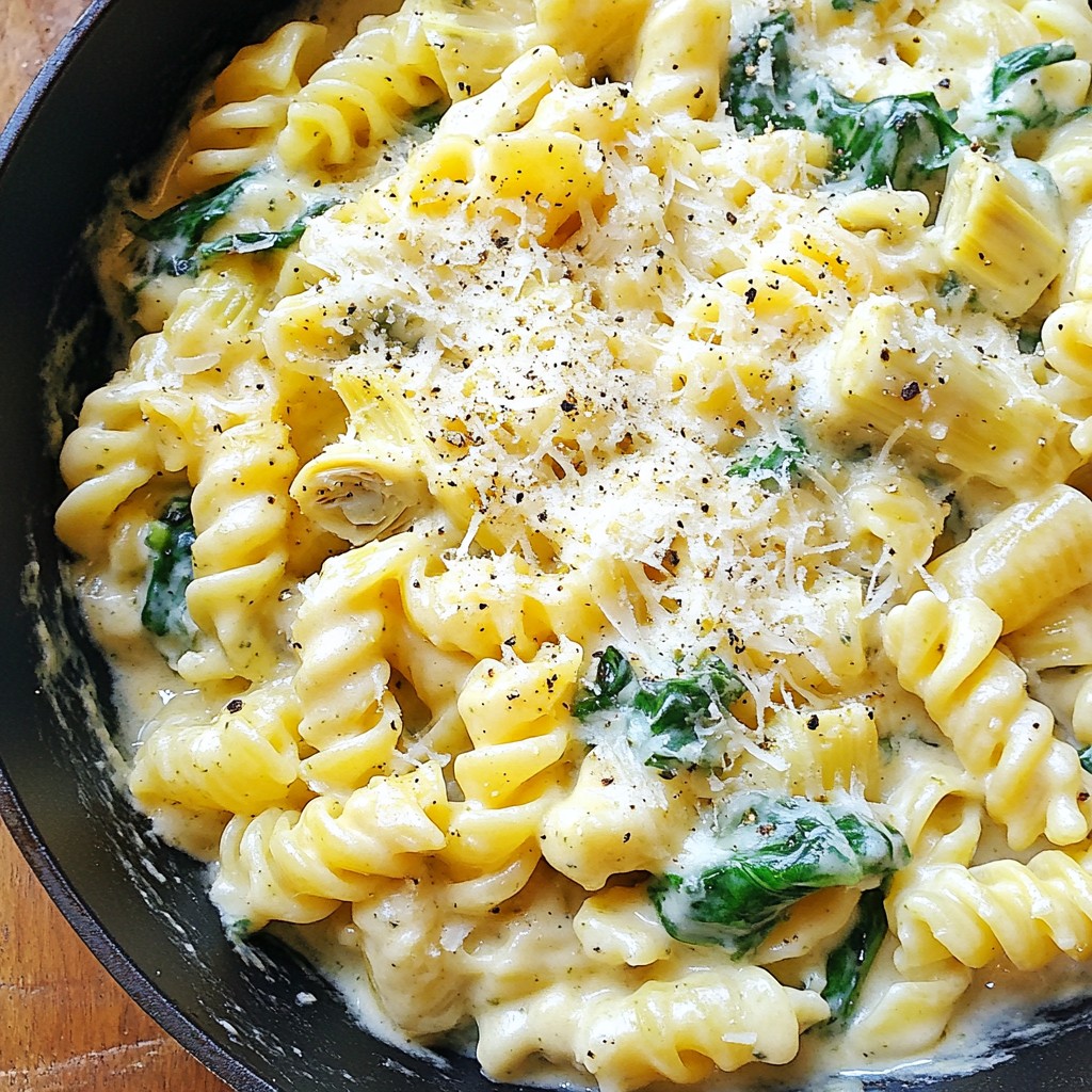 Cheesy One-Skillet Spinach Artichoke Pasta Delight